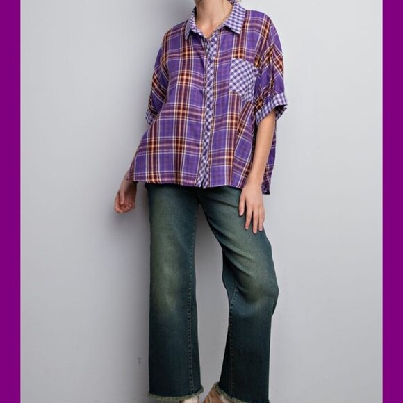 Easel Purple Plaid Oversized Button Down Top NWT M - Picture 8 of 10